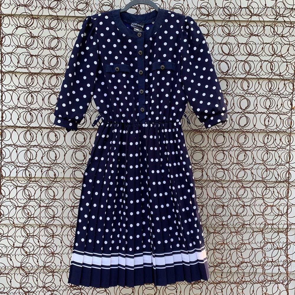 Vintage 80s 90s Breli Originals navy blue white polka dot pleated dress 8